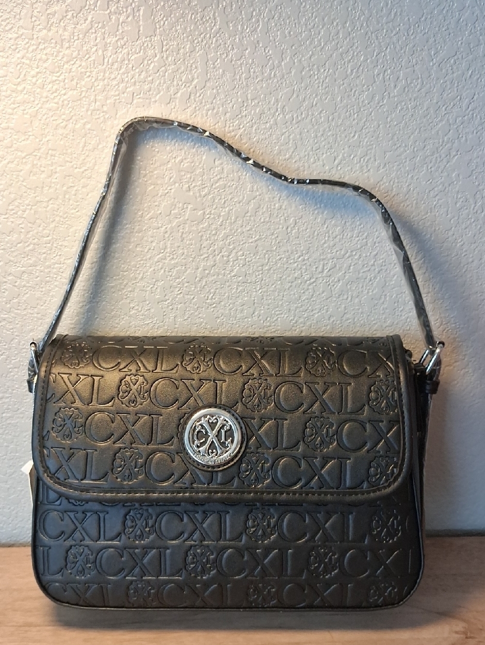 Christian Lacroix Embossed Black Shoulder Bag with Logo Medallion